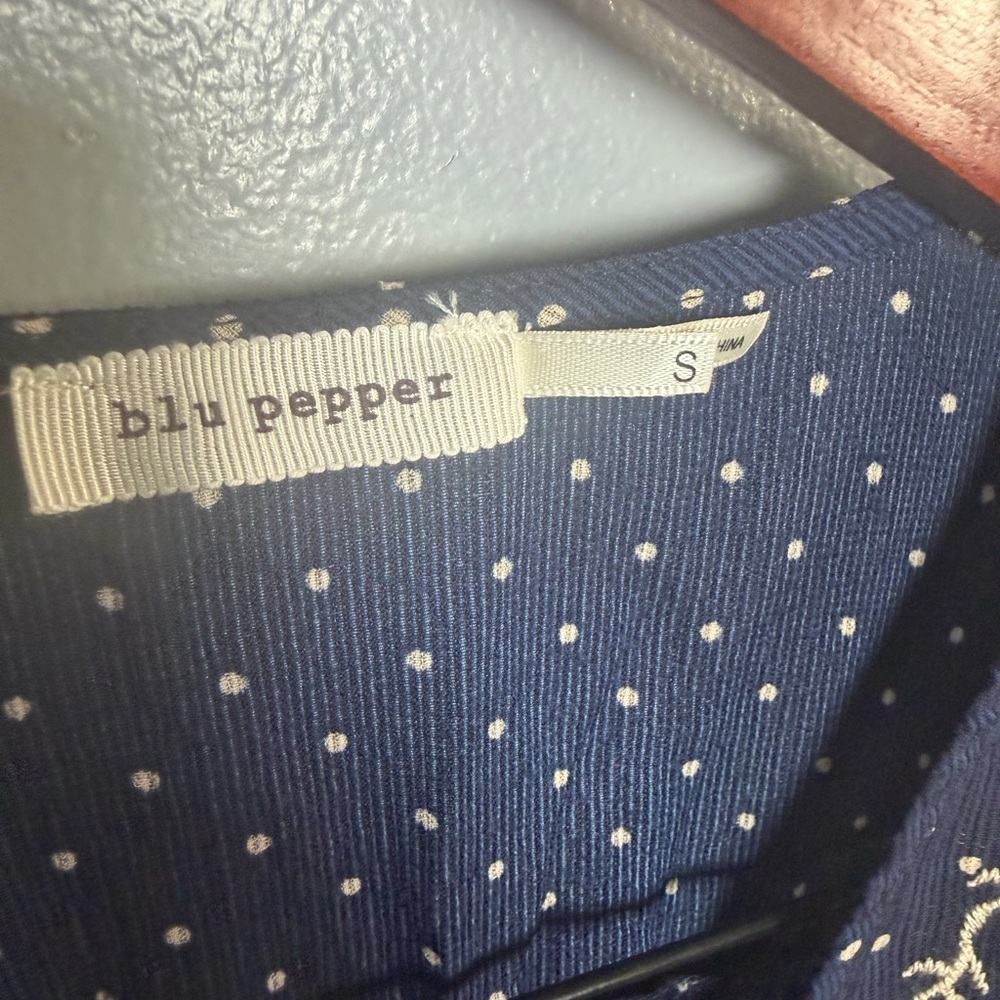 Blu Pepper Navy Floral Embroidered Blouse Tie Waist S - Picture 5 of 5